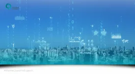 Digital code in the sky above a city - a smart city.